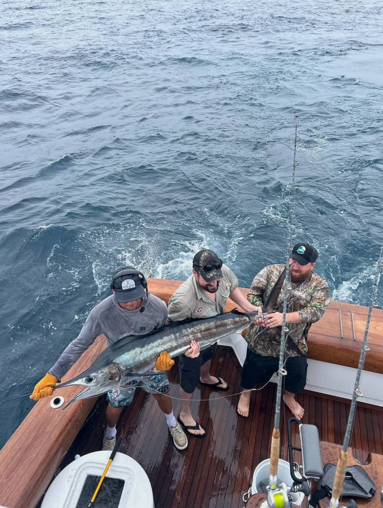 Anglers with a billfish in the cockpit offshore